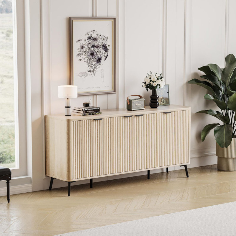 Buffet 62,9 pouces à flûte avec tablette ajustable et armoire courbée, Grain du bois