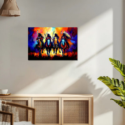 Adric Chiefs Feather Headdress Horseback Picture Prints Western Wall Decor Southwestern Indian Painting Framed Canvas Art Poster for Living Room Bedroom Ready to Hang, 12×16 Inches