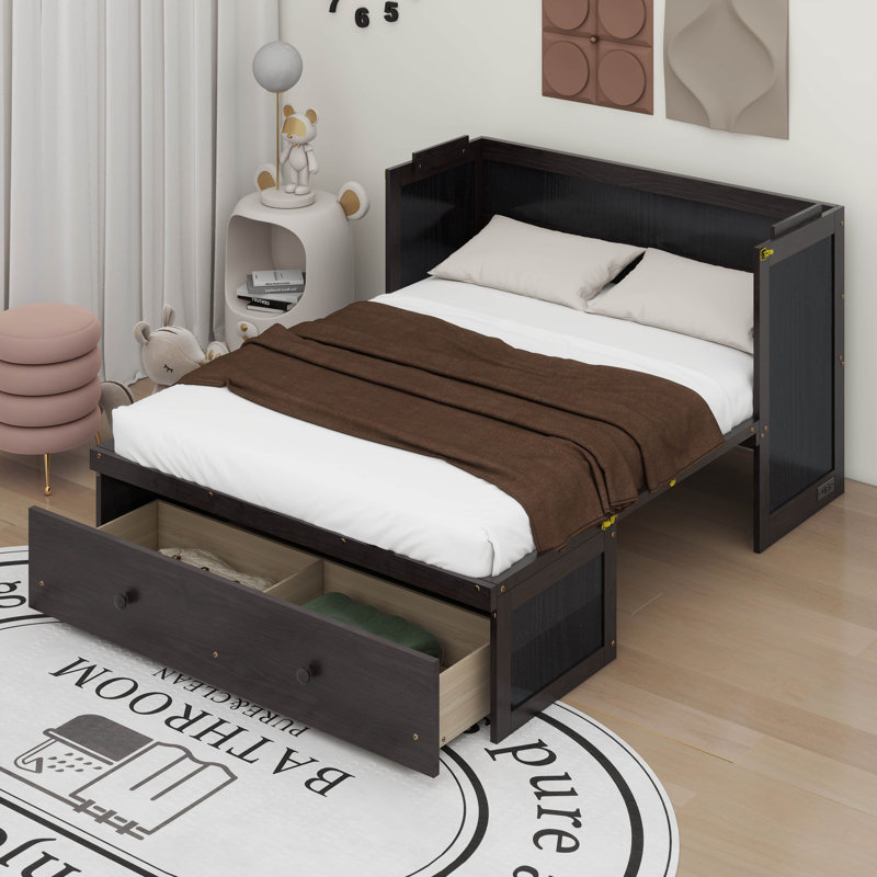 Wyncote Queen Size Murphy Bed, Solid Wood Murphy Bed Frame With USB Port And A Large Drawer, Espresso