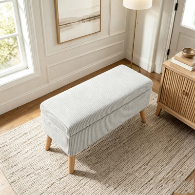 Banc de rangement en velours côtelé beige 32 pouces de large avec pieds en bois, boîte de rangement rabattable