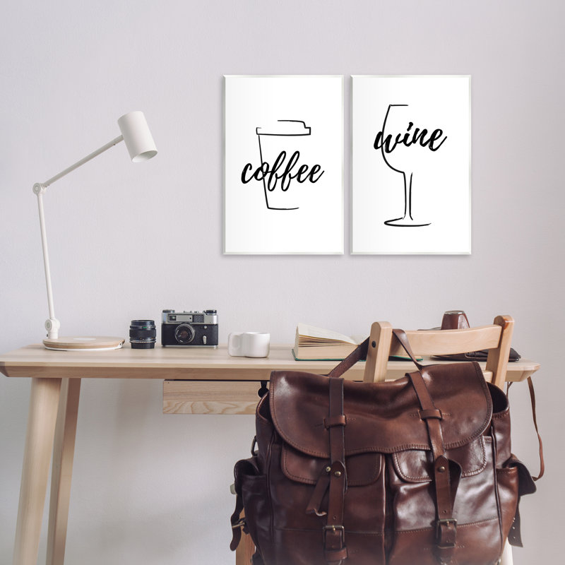 Simple Coffee Wine Drawing 2 PC Wall Plaque Art Set by Martina Pavlova, 19" H x 13" W