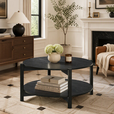 Transitional Style Round Coffee Table with Open Storage, Black Finish for Modern Living Rooms