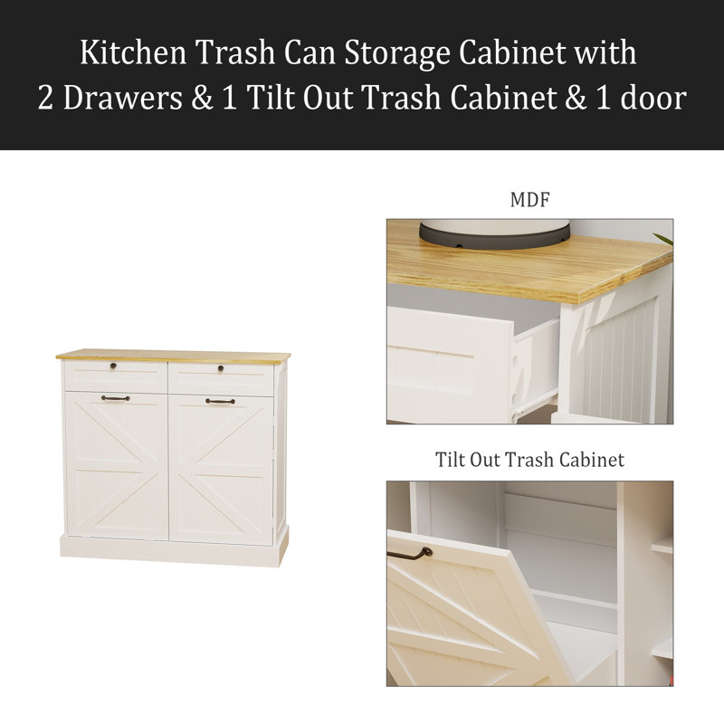 Armoire de rangement pour poubelle de cuisine avec 2 tiroirs, 1 armoire à ordures basculante, 1 porte avec support de rangement et 2 tablettes pour la cuisine, la salle à manger et le salon