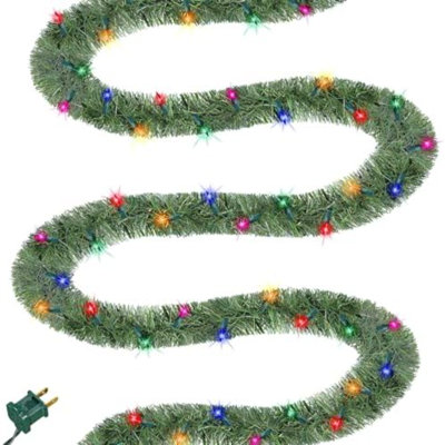 Guirlande de 50 pi de Noël vert pré-éclairée, guirlandes de pin artificielles éclairées avec 100 mini lumières multicolores, illuminé pour les décorations de Noël