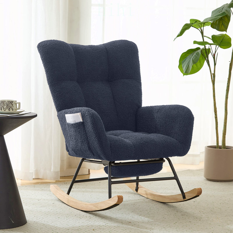 Ensemble fauteuil à bascule et repose-pieds en tissu Teddy, design ergonomique pour un confort et un soutien optimaux, idéal pour la chambre d'enfant et le salon, bleu foncé