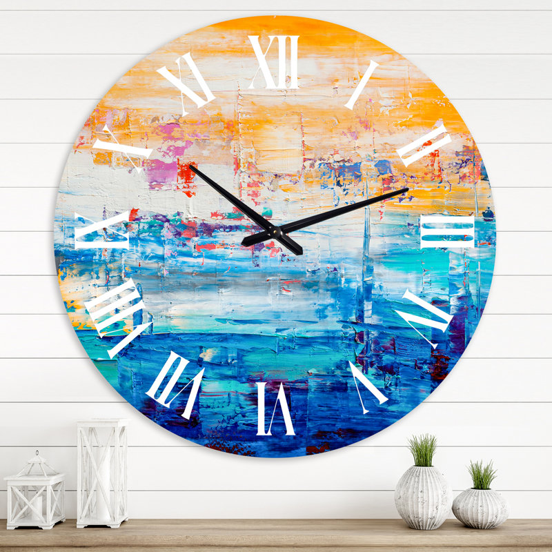 Orange et bleu abstrait - horloge murale moderne, Moyenne