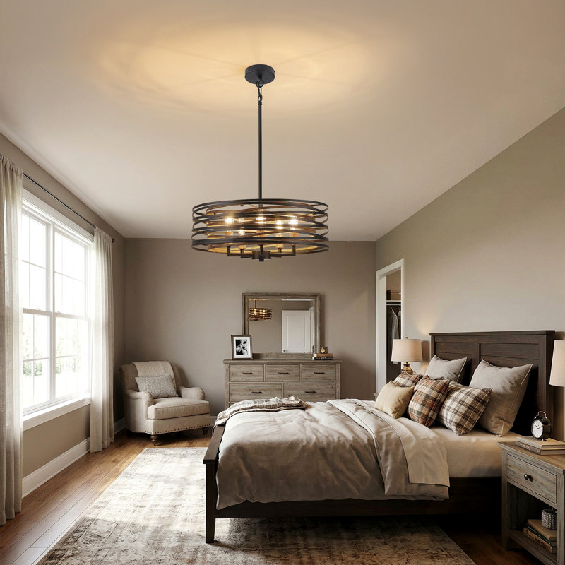 Lustre 20 lumières style ferme 20 po - métal noir et bois rétro