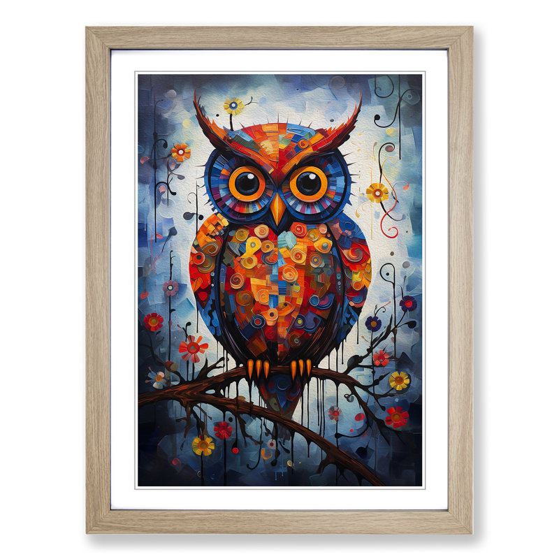 Owl Contemporary - Single Picture Frame Print on Wood, Oak, 46cm H x 34cm W x 2cm D