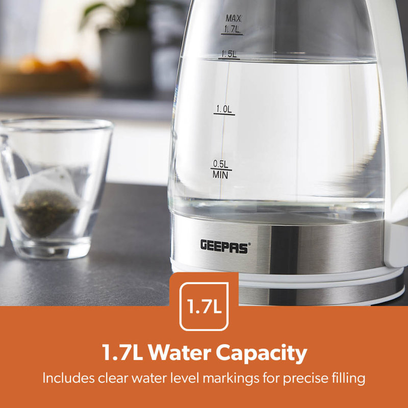 GEEPAS 1.7L Illuminating Electric Glass Kettle, White