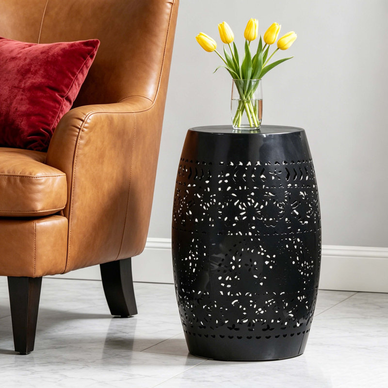 Black Lace Cut Iron Barrel-Shaped Accent Side Table, Indoor/Outdoor Use, No Assembly Required, Decorative Metal End Table For Garden, Patio, Living Room, Backyard