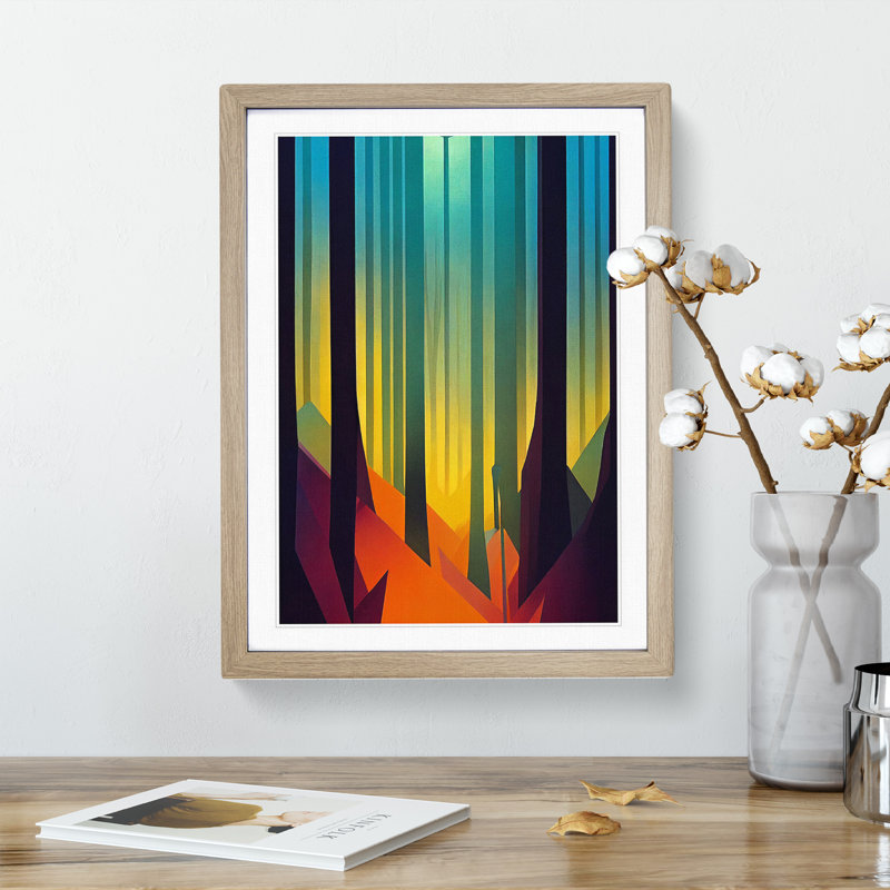 Block Print Forest Abstract No.3 - Wall Art, 48cm H x 36cm W, Oak Framed, White