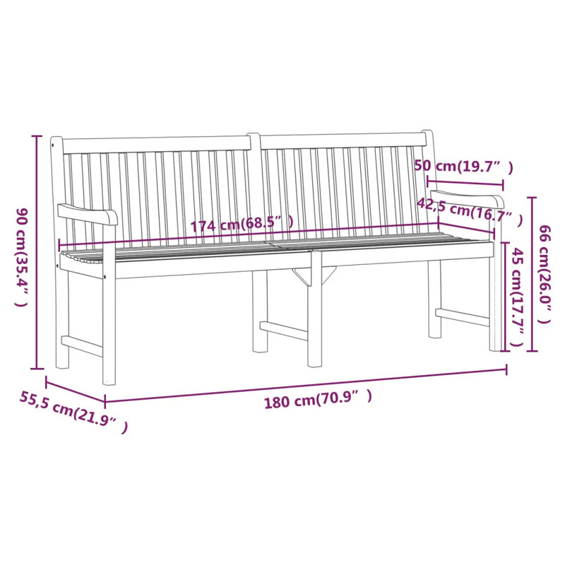 Abisha Solid Wood Acacia Outdoor Bench, 90 x 180 x 55.5cm