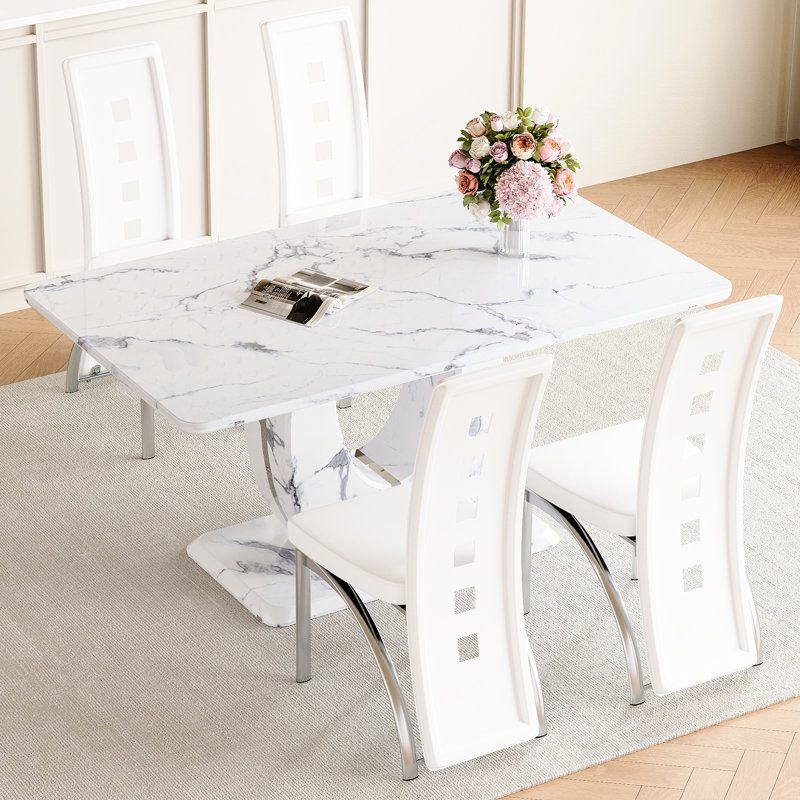 Table de salle à manger à montage rapide 63 * 37 * 30 pouces avec 4 chaises, motif marbré blanc grisâtre et stabilité stable