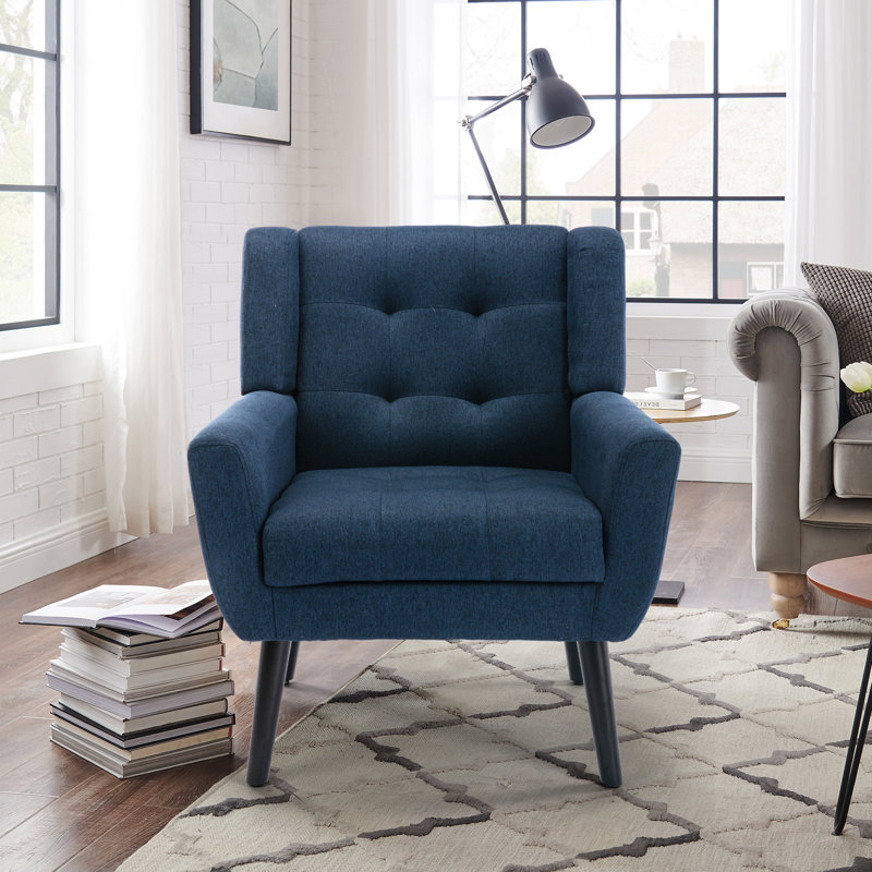 Bolanle 30" W Tufted Wide Back Accent Armchair, Navy Blue Linen