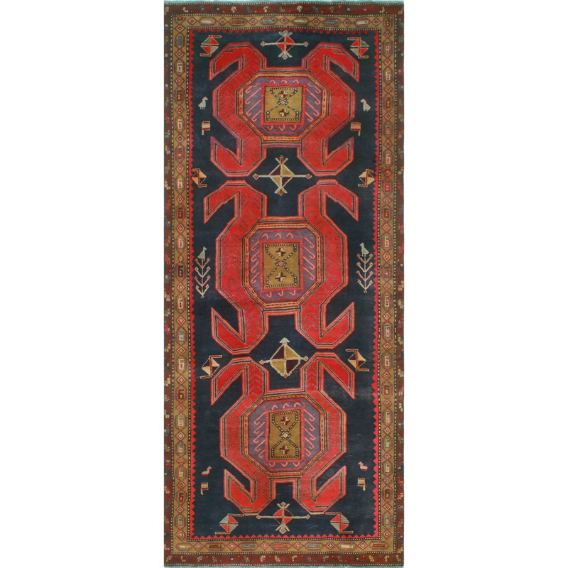 One-of-a-Kind 4'4" x 10'3" 1980s Runner Wool Area Rug in Brown and Navy