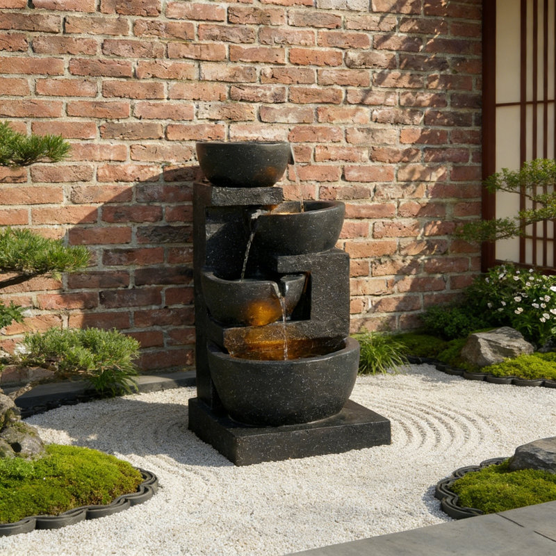 29-Inch Terrazzo Style 4-Tier LED Water Fountain | Indoor & Outdoor Cascading Bowls Waterfall For Serene Garden & Patio