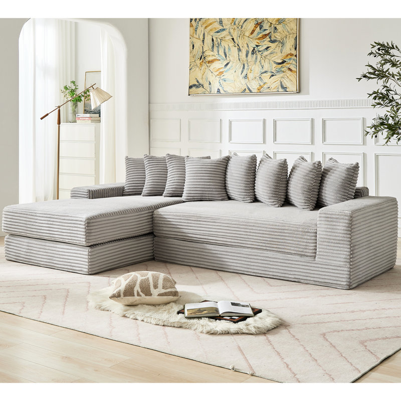Nouveau lit convertible surdimensionné en L à 3 places en velours côtelé, gris, 31 pièces, sans assemblage, avec pochette de rangement pour les soirées tranquilles