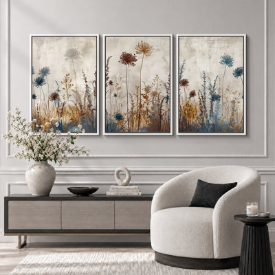 Vibrant Wildflower "Rustic Wildflowers Floral Artwork, Neutral Botanical Living Room Wall Pictures, 3 Pieces Canvas Giclee Print Wall Art" 16"x24"x3 pcs, 24"x36"x3 pcs