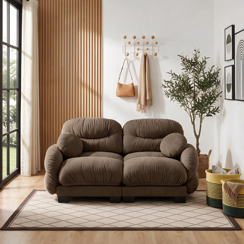 Canapé modulable deux places en chenille plissée avec siège ergonomique en mousse, accoudoirs incurvés et 2 coussins décoratifs