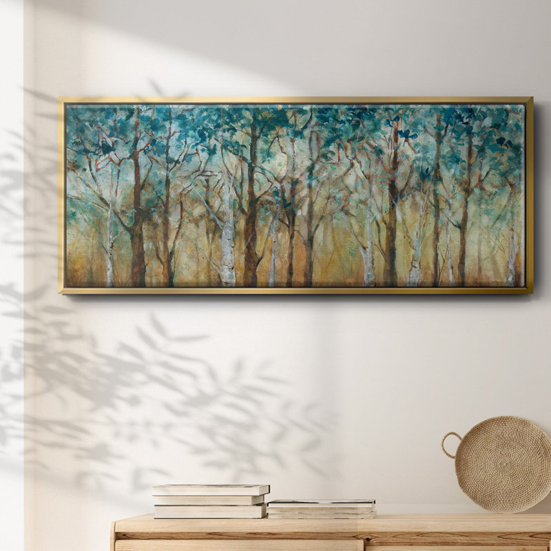 Sunlit Birch Grove- Framed Canvas, 8" H x 20" W