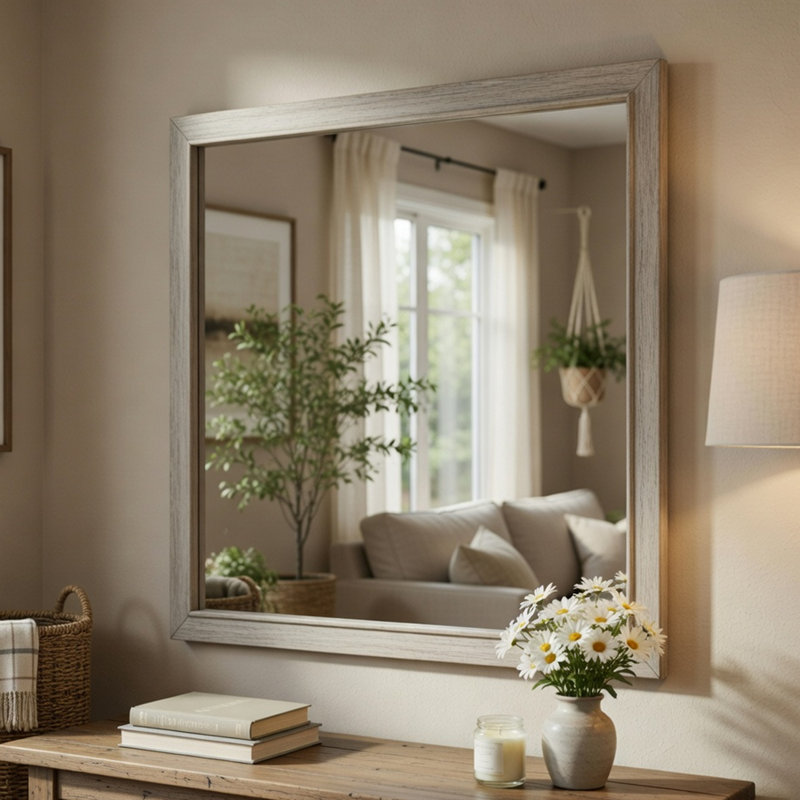 Miroir de commode Evy, conception encadrée, bois gris rustique, carré 38 x 38