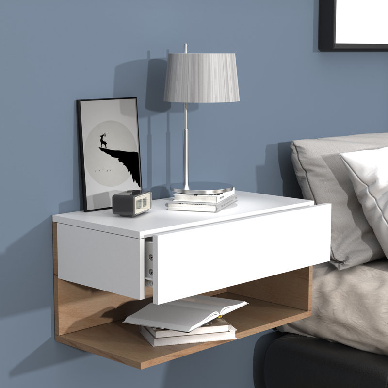 Avan Manufactured Wood Bedside Table, White/Oak wood, 30cm H x 60cm W x 32cm D