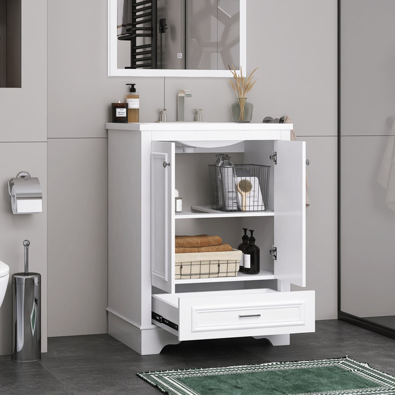 24 po Ensemble de meuble-lavabo autoportant avec comptoir en céramique, Argent argent, Blanc