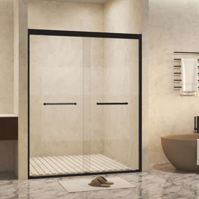 56-60" X 72" Tempered Glass Double Sliding Shower Door With Explosion Proof Film, Aluminum Frame, Stainless Steel Handle, Matte Black