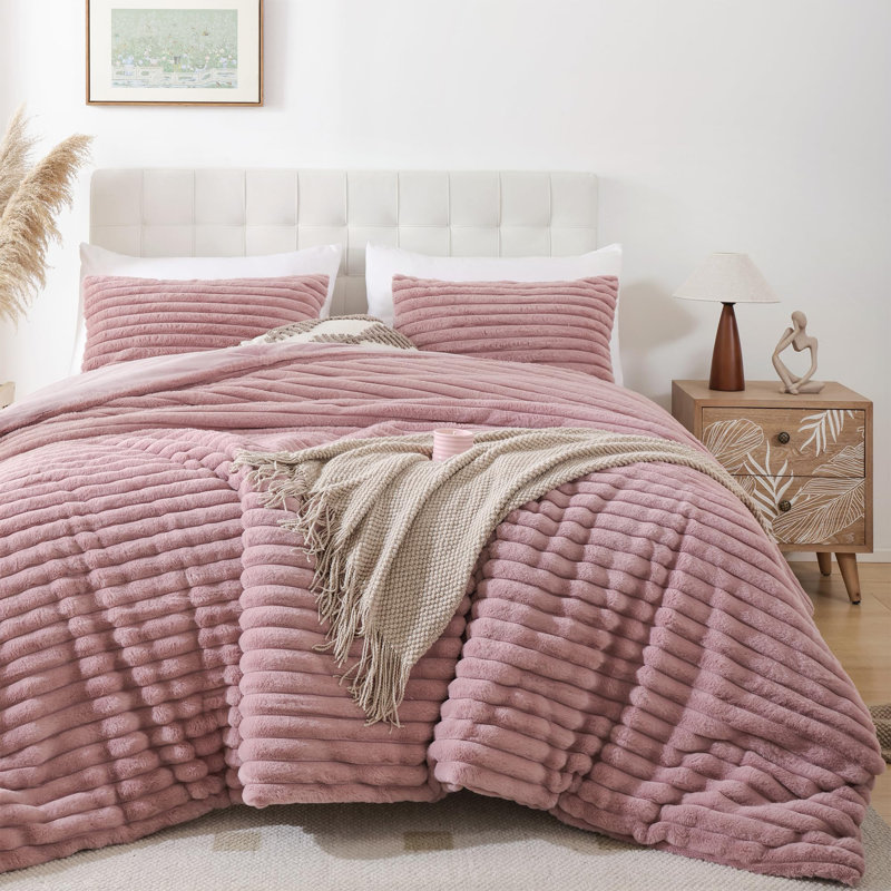 Fluffy Comforter Set 2 Pieces- All Seasons Heavy Faux Fur Comforter With One Pillowcase, Old Pink
