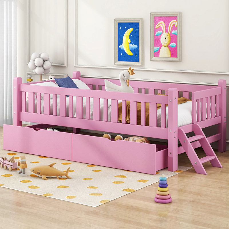 Wood Twin Size Platform Bed With Guardrail And 2 Drawers, Pink