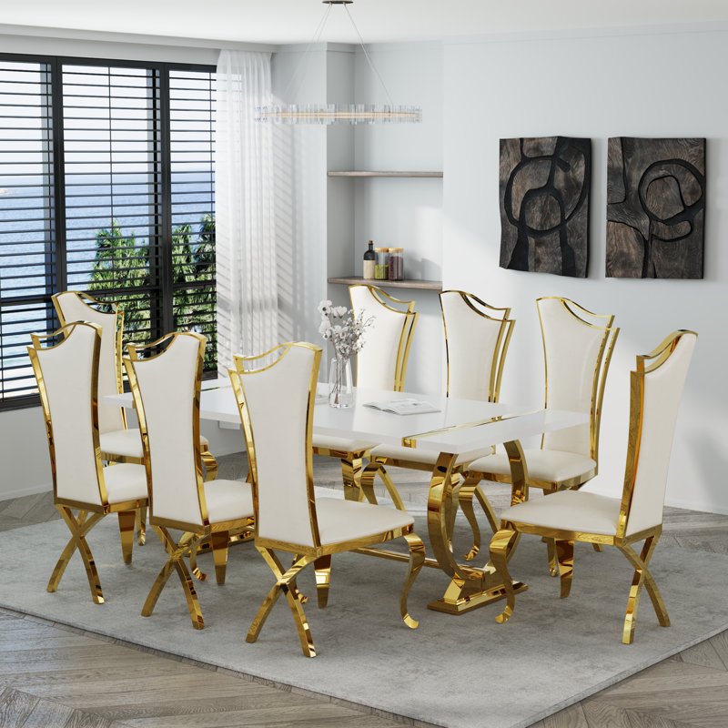 Ensemble de table de salle à manger 78 pouces blanche et dorée avec 8 chaises en cuir blanches, 9 pièces : table, 8 chaises