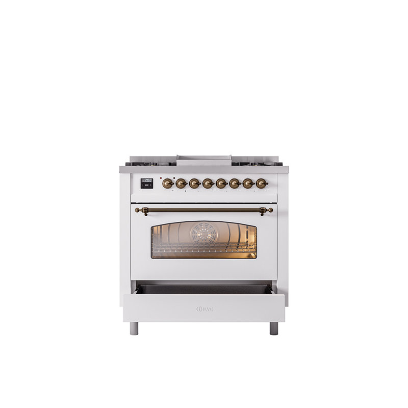 ILVE Nostalgie II 36 Dual Fuel Range, knobs, White/Bronze, Liquid Propane