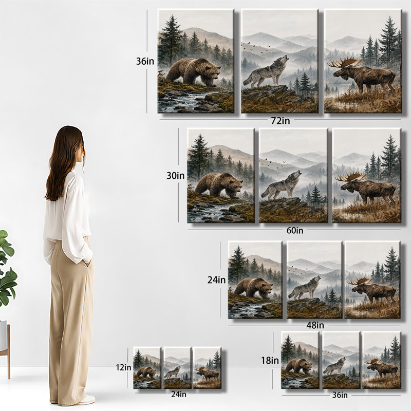 Ensemble d'œuvres d'art sur toile rustique avec loup, H 30 po x l 60 po x P 1 po