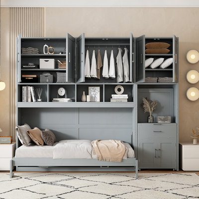 Twin Size Murphy Bed, Wall Bed With Closet, Drawers & Des
