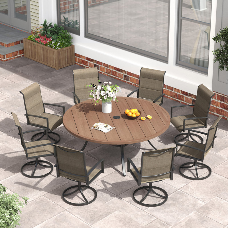  Ensemble repas pour 8 personnes avec table de salle à manger ronde de 60 po et 8 chaises pivotantes rembourrées en textilène