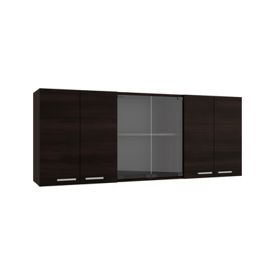 Meuble de rangement mural de cuisine TUHOME Jewlia 150 cm (L) à 6 portes avec égouttoir et étagères ouvertes – Noyer teinté