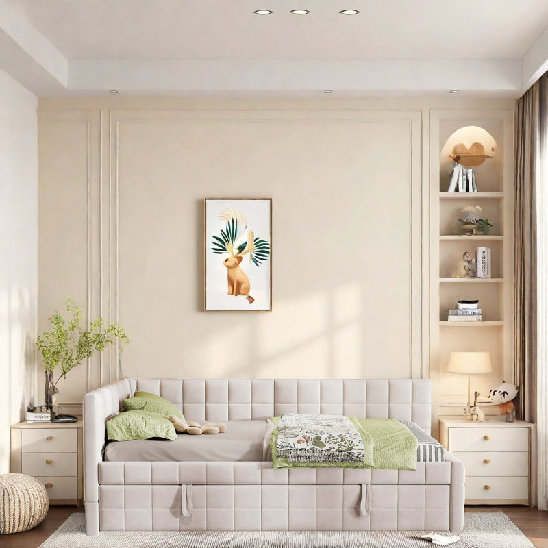 Lit tapissier en L moderne avec lit gigogne escamotable, ports de charge USB, dossier rembourré carré, lit plateforme double avec lit gigogne simple pour chambre d'amis, chambre à coucher