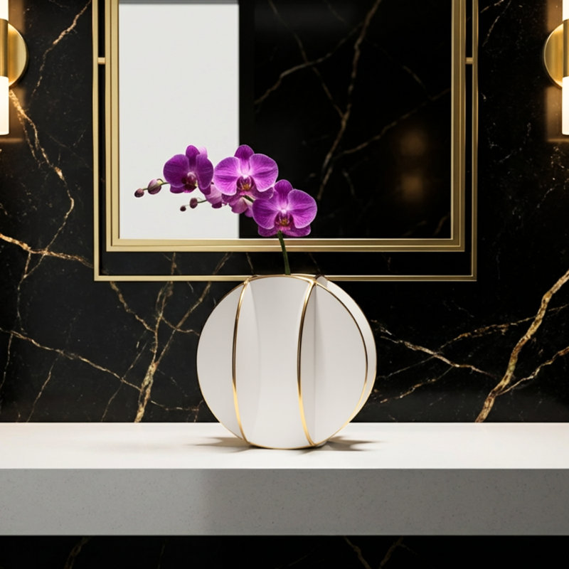 Oris 8" Gold Trim Faceted Panel White Ceramic Vase