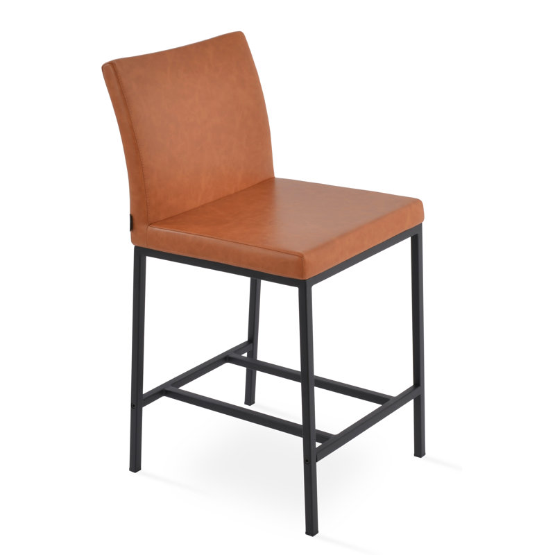 Tabouret Aria, Tabouret de comptoir (siège d'une hauteur de 24 p, Noir, Similicuir caramel PPM
