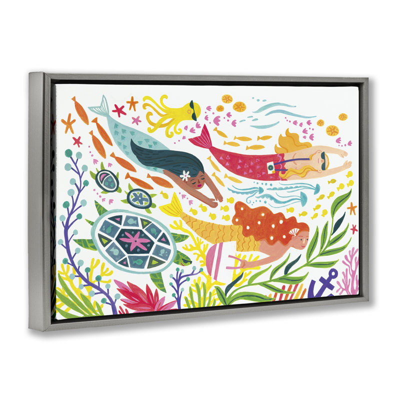 Toile flottante encadrée de sirènes sous-marines par Irene Chan, H 17 po x l 25 po, Cadre flottant métallique doré