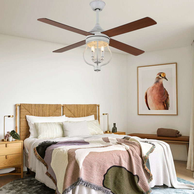 Kahliel 52" Industrial 4-Light Caged Ceiling Fan with Lights and Remote, 6-Speed Reversible Ceiling Fan, Brown, White
