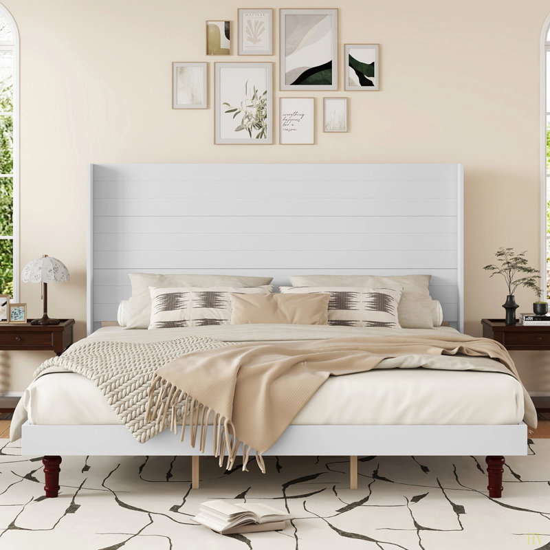 Lit plateforme tapissier à tête de lit haute, très grand avec dossier confortable, Beige, Très grand