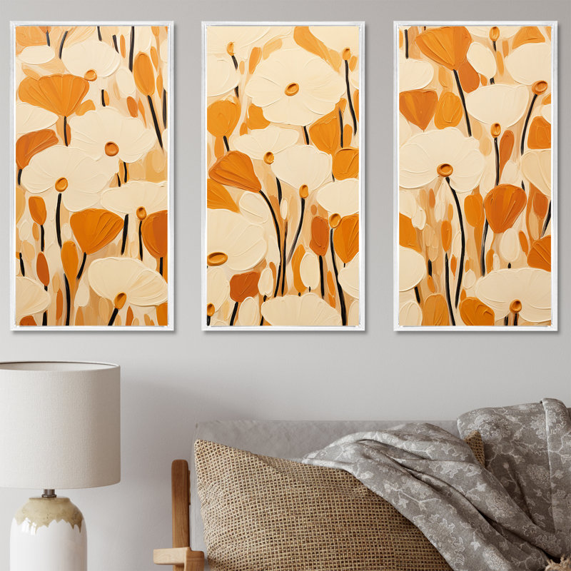 Motif de pétales de souci minimal - art mural souci, Cadre flottant blanc, H 28 po x l 36 po x P 1 po