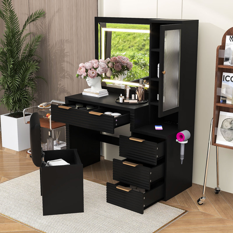 Bureau de coiffeuse avec miroir, lumières, station de charge et 5 tiroirs