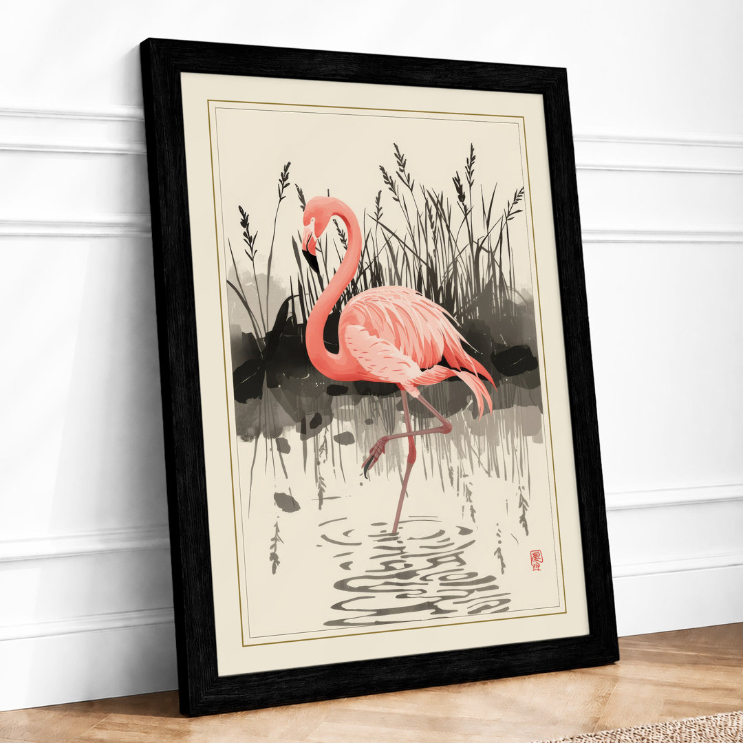 Flamingo in Shallow Water Japandi - Framed Print