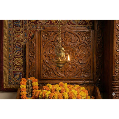 9" Handmade Brass Peacock Ceiling Puja Lamp with Chain - Ornate Temple Style Hanging Light Spiritual Home Decor Made in India