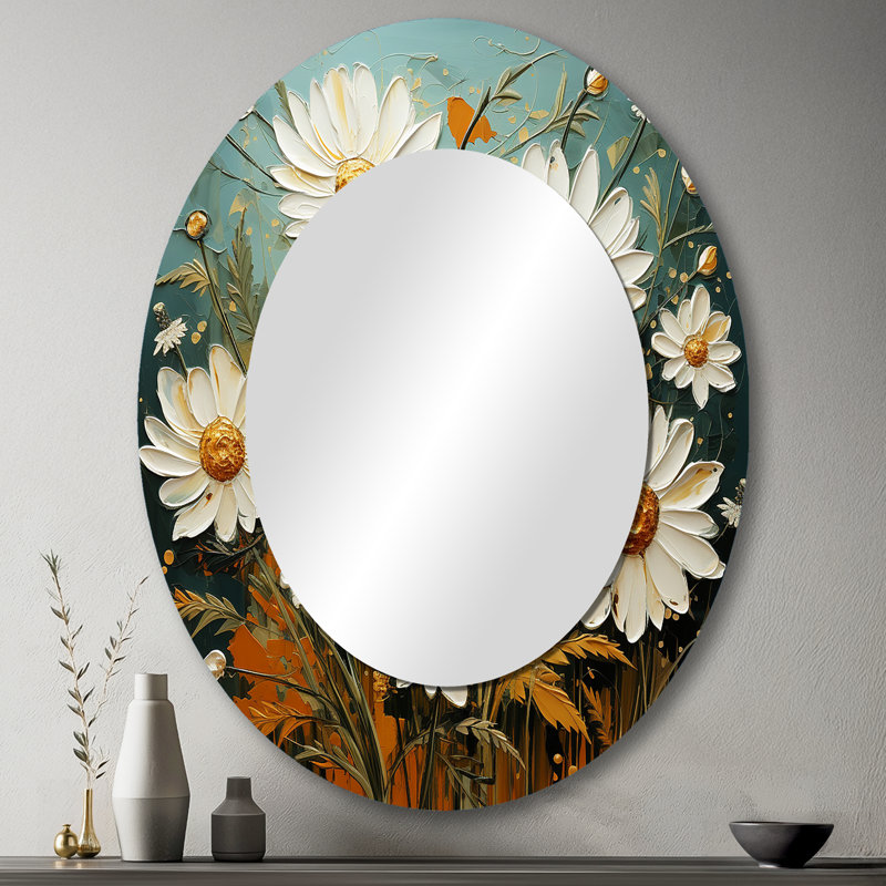 White And Teal Daisy Serenade II - Modern Oval Wall Mirror, 43" x 33"
