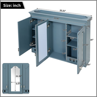 Armoire à miroir murale 35 pouces tout-en-un avec tablettes réglables, charnières à fermeture en douceur, pour meuble-lavabo, salon, rangement de chambre à coucher