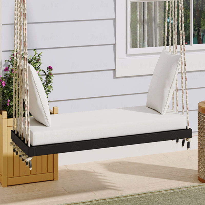 Outdoor Patio Wooden Swing Chair, Hanging Porch Swing Bench With Cushion And Pillows, 10.8Ft Hemp Ropes, Beige, Black