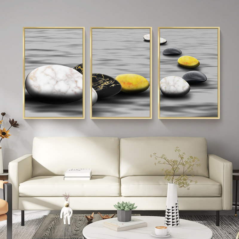 "Stones Aluminium", ensemble de 3 reproductions d'art encadrées sur toile dorées 1, H 16,3 po x l 36,3 po x P 1,65 po